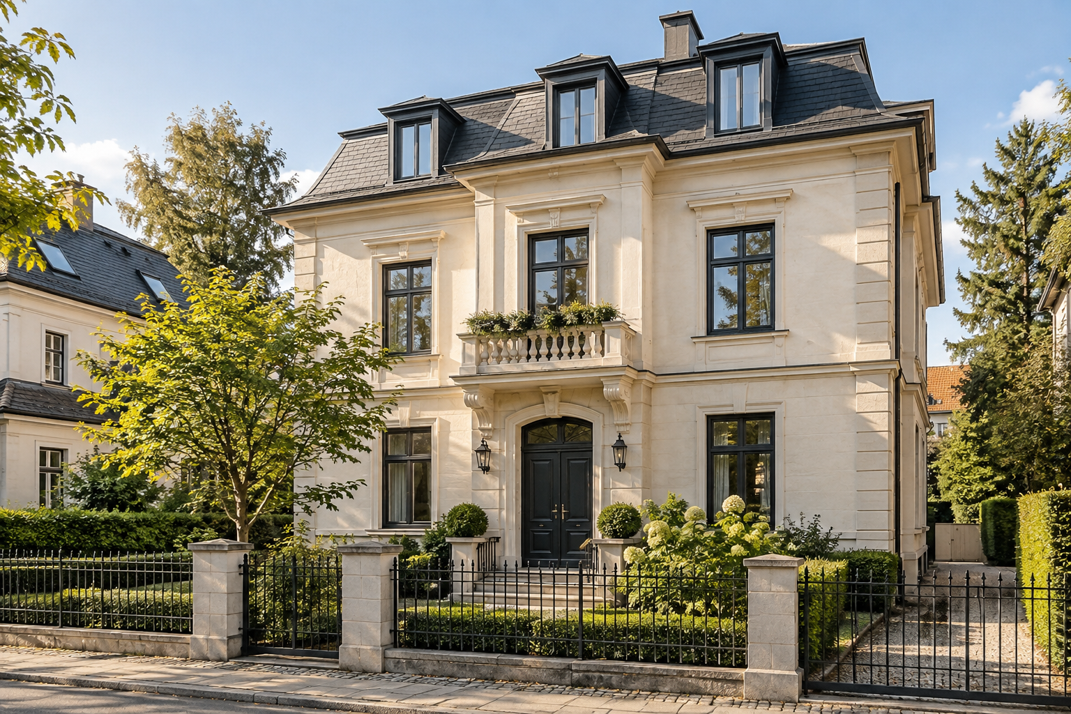 Vollständig sichtbares helles Wohnhaus mit kleinem Garten und dunklen Fensterrahmen